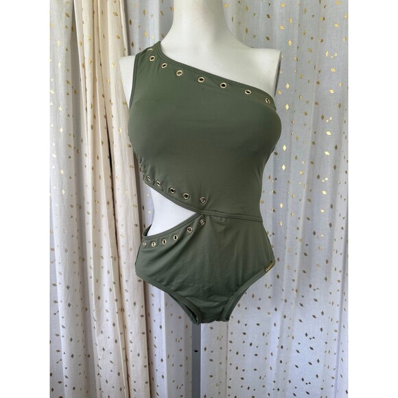Michael Kors One Shoulder Built In Padded Bra Grommet Detail Cut Out Swimsuit 10 - Picture 2 of 4